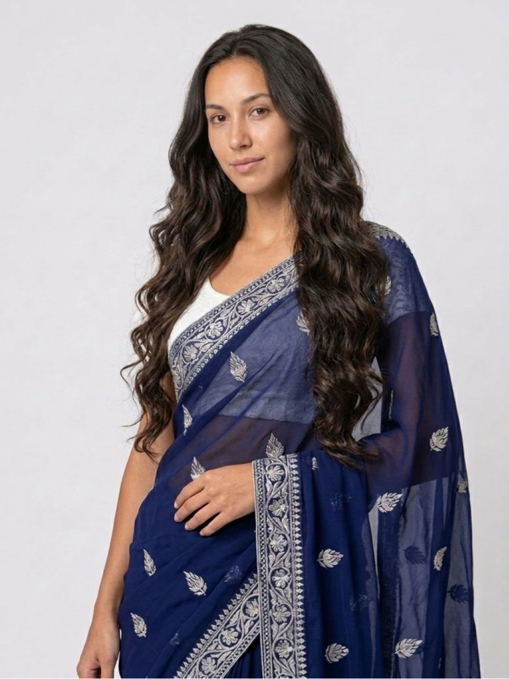 Elegant Navy Blue Embroidered Saree with Silver Motifs